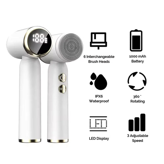 Deep Clean 6-in-1 Electric Facial Cleansing Brush with LED Display | Waterproof & Rechargeable